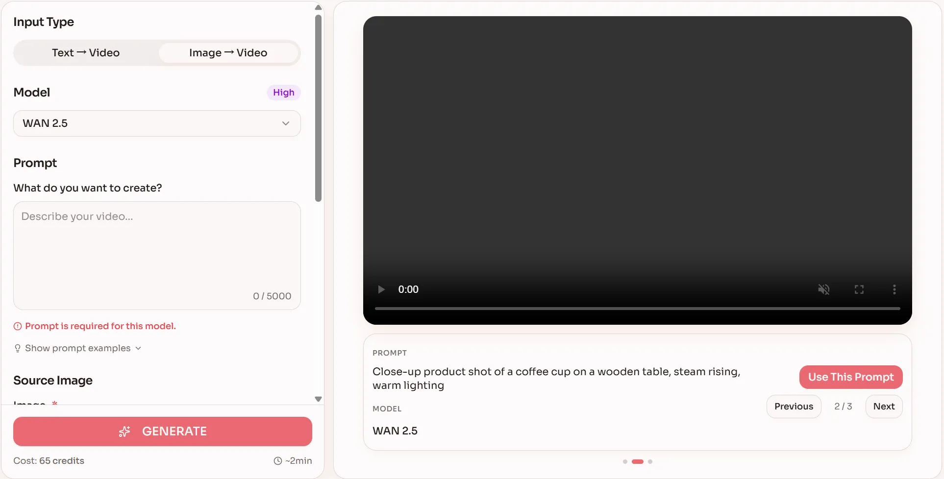 Screenshot of the Rayvid AI Video Generator interface